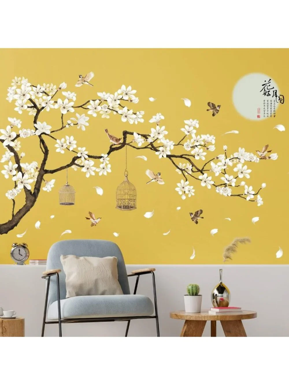 Removable White Peach Blossom Wall Decals - DIY Tree Branches & Birds Art for